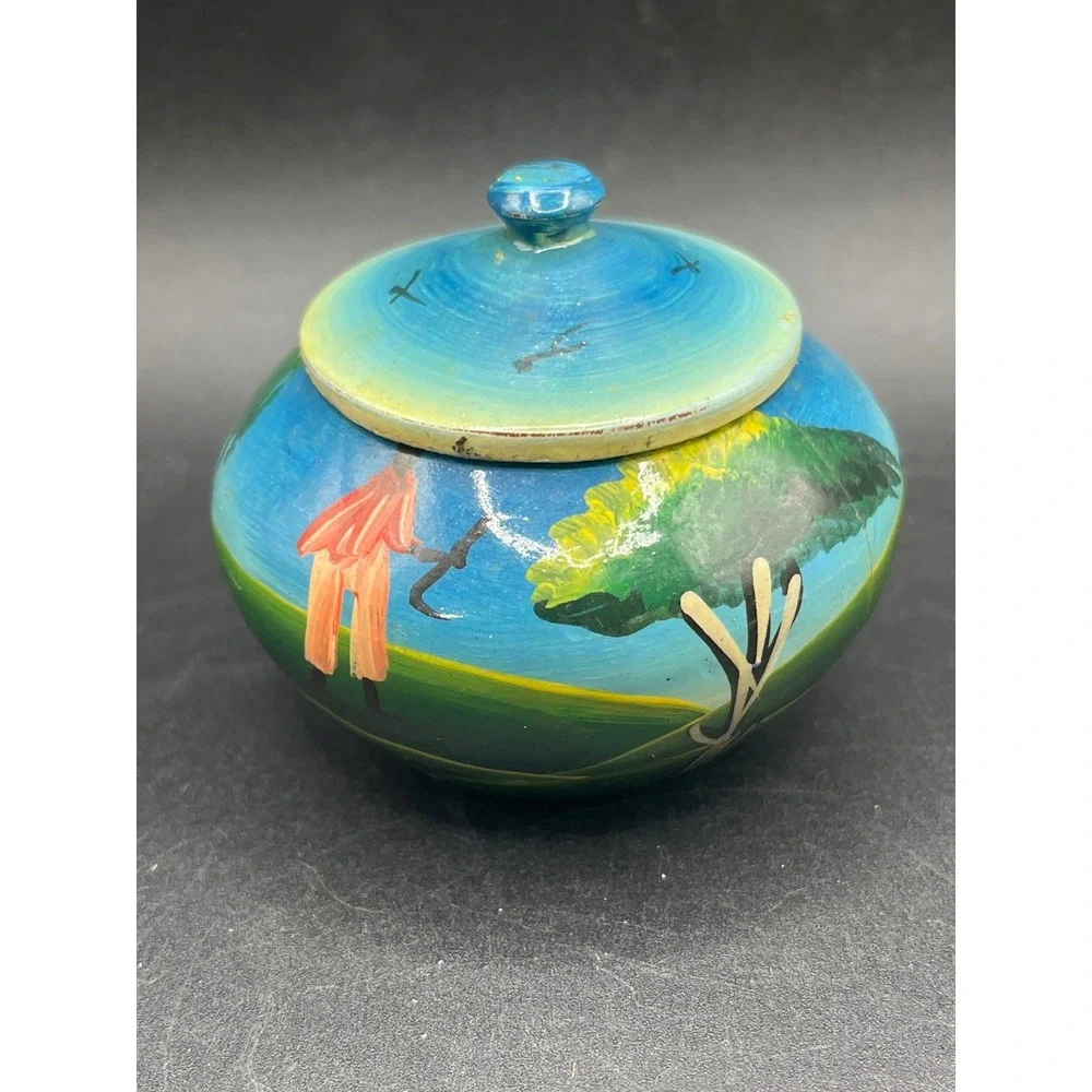 Hand Painted‎ Trinket Box African Village Scene Lidded Jar Decor Small 3